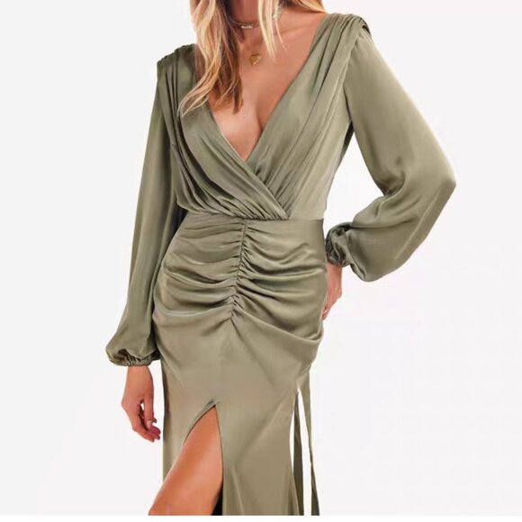 Olive Green Satin Bridesmaid & Formal Slit Dress - Picture 1 of 3